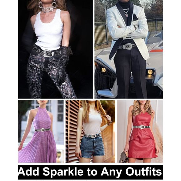 Black Rhinestone Cowboy Belts For Western Women Men Cowgirl Bling Fashion🐳 - Picture 3 of 7